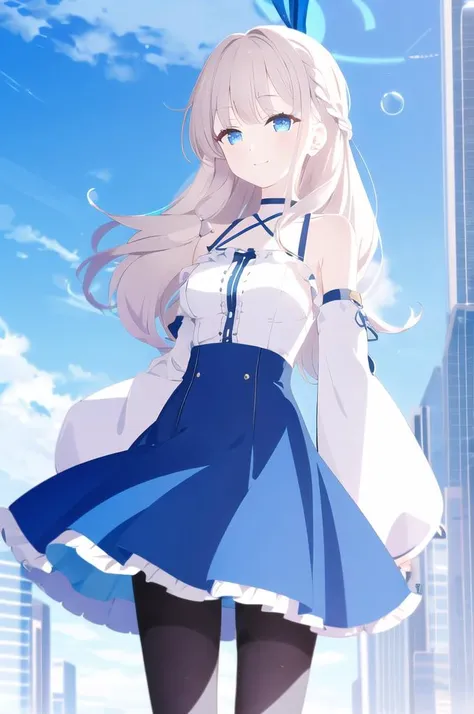 masterpiece, best quality,
solo,
cowboy shot,
facing viewer,
soft smile, light smile,
1girl, blue eyes, long blonde hair, french braid, bangs, medium breasts, blonde hair,
hair ribbon, frilled choker, criss-cross halter, sleeveless dress, high-waist skirt, backless dress, waist bow, detached sleeves, frilled sleeves, wide sleeves, pantyhose, patterned legwear, mary janes,
<lora:BArtstyleV7-EXP:1>, BAPV, Blue theme