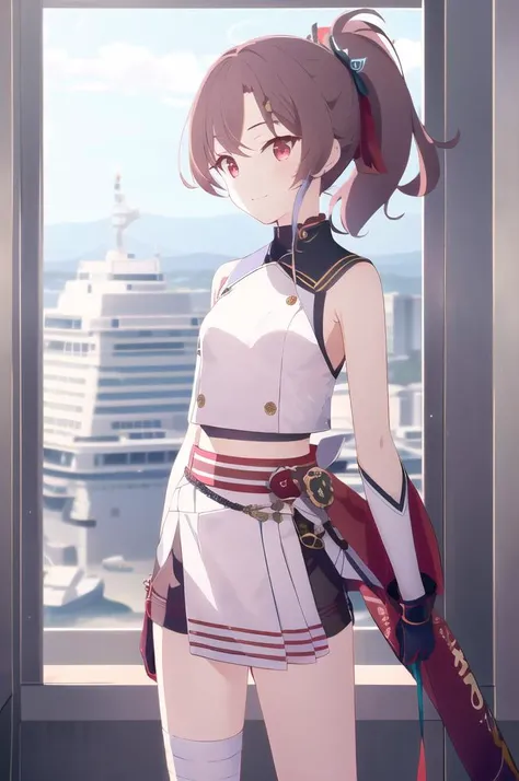 masterpiece, best quality,
solo,
cowboy shot,
soft smile, light smile,
<lora:BArtstyleV7-EXP:1>, BAPV,, , 1girl, red eyes, tsurime, brown hair, medium hair, asymmetrical bangs, swept bangs, parted bangs, cowlick, spiked hair, flipped hair, (folded ponytail:1.2), small breasts,, , shimenawa hair tie, sleeveless turtleneck, crop top, groin, (shimenawa:1.3), (shimenawa sash:1.3), (overskirt:1.2), shorts, flats, bandaged hand, gloves, bare legs,