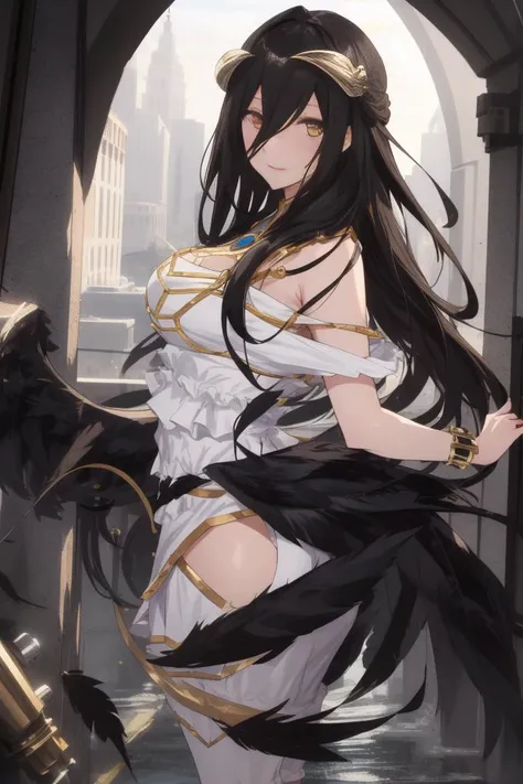 (masterpiece), (best quality), ultra high res, highly detailed , albedo , BREAK, circular , black feather tornado, <lora:albedo-15:1>