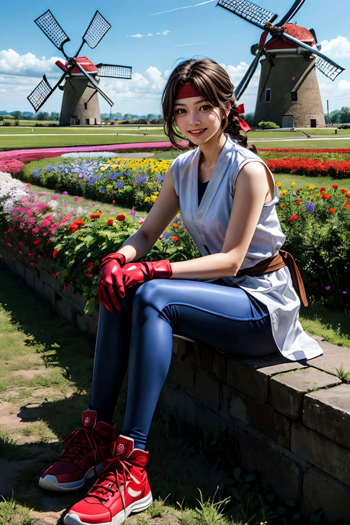 yurims, girl, red headband, white dougi, spandex, red gloves, red shoes, looking at viewer, serious, smiling,
sitting, outside, field of flowers, windmill, extreme detail, hdr, beautiful quality,
<lora:Yuri:.8><lora:more_details:.5>