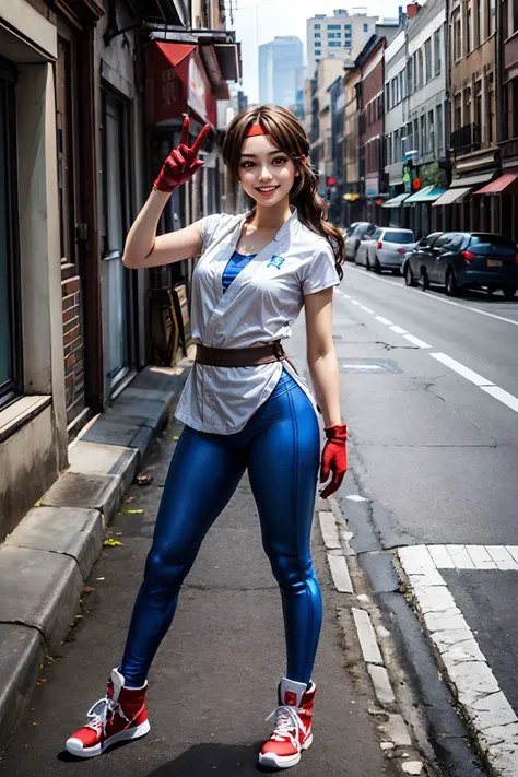 yurims, girl, red headband, white dougi, spandex, red gloves, red shoes, looking at viewer, smiling, happy, full body shot,
arm raised, peace sign, outside, city, street, building, extreme detail, hdr, beautiful quality,
<lora:more_details:.5> <lora:Yuri:.8>