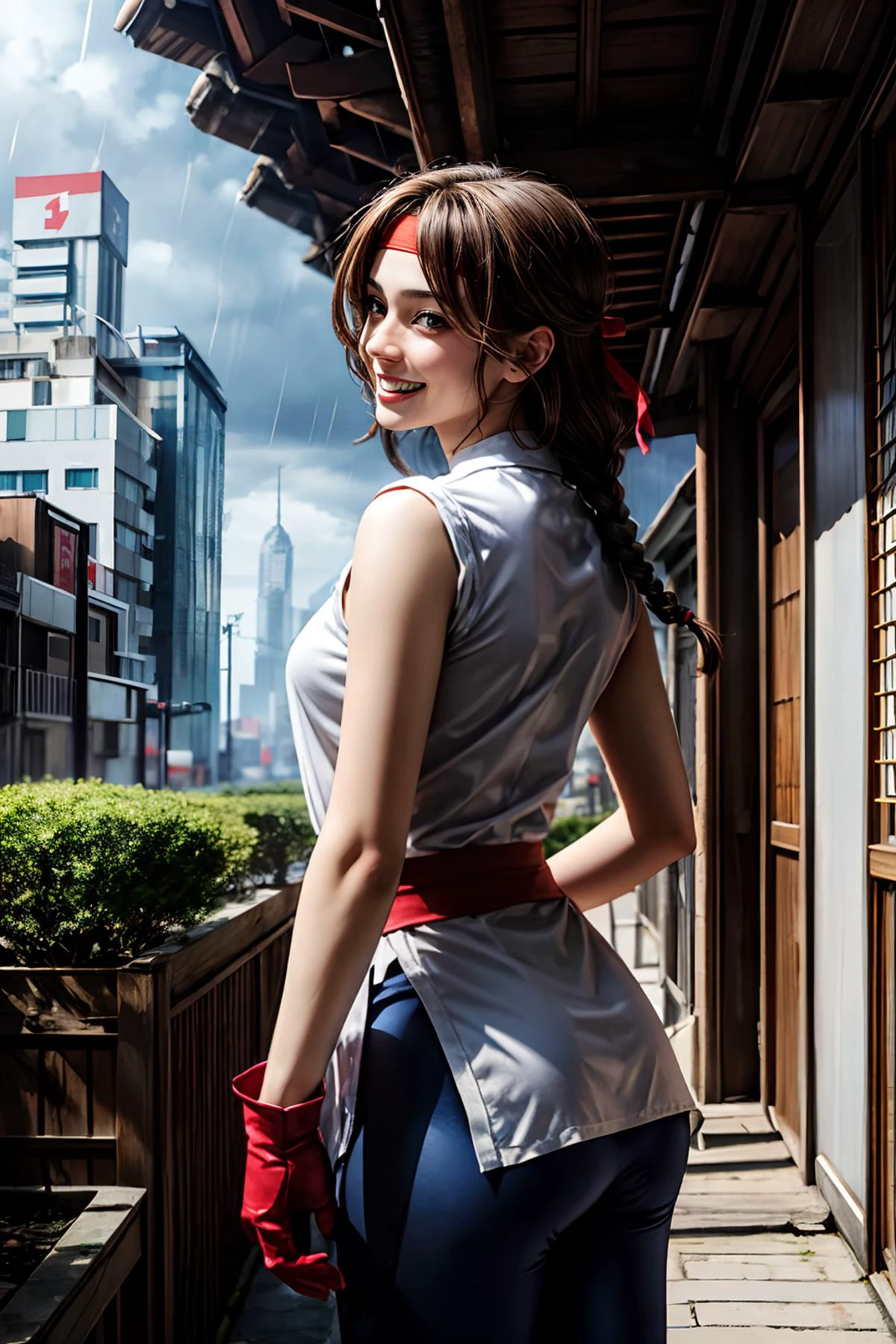 yurims, girl, red headband, white dougi, spandex, red gloves, looking happy, smiling, teeth,
from_behind, outside, japanese roof, raining, cityscape, overcast, extreme detail, hdr, beautiful quality,
<lora:Yuri:.8><lora:more_details:.5>