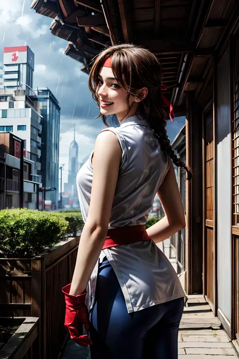 yurims, girl, red headband, white dougi, spandex, red gloves, looking happy, smiling, teeth,
from_behind, outside, japanese roof, raining, cityscape, overcast, extreme detail, hdr, beautiful quality,
<lora:Yuri:.8><lora:more_details:.5>