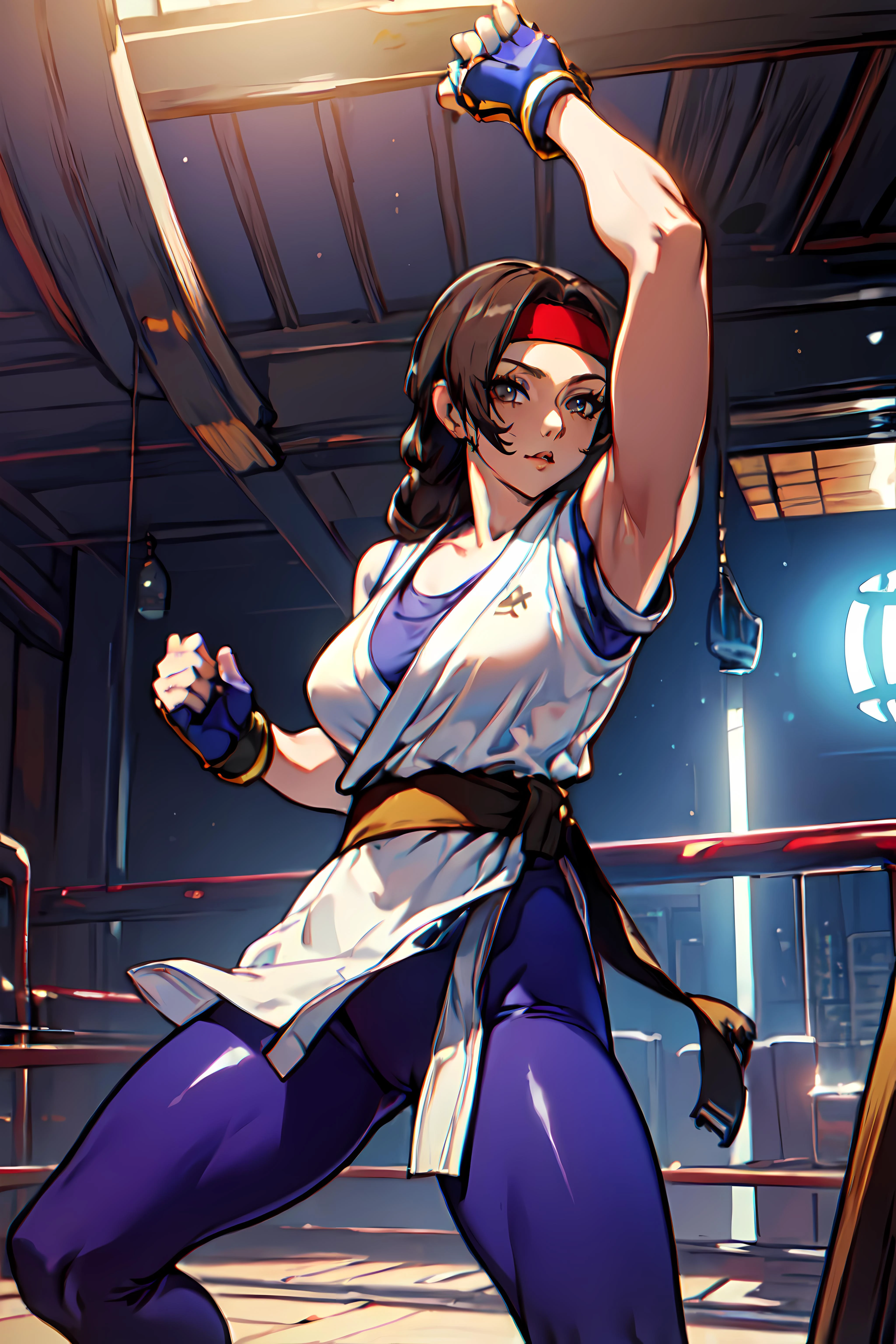 masterpiece,best quality, unreal engine, ultra res, extremely detailed,
1woman, medium breasts, waist , (muscular:0.8) ,slender,
<lora:Yuri:0.7>YURIMS, HEADBAND, DOUGI, SPANDEX, GLOVES, FINGERLESS GLOVES, LEGGINGS
<lora:Style_hews_style:0.5>hews style <lora:Style_cutesexyrobutts_v2:0.2>CSR STYLE
<lora:Style_puuzaki-puuna-lora-v1:0.><lora:Style_anmnr01AOM3A1:0.4>
<lora:Styles_pastelStyleV4:0.2>
<lora:Concept_Round_Breasts_V7:0.4>round breasts,medium breasts,
fighting stance, punch, 1arm up