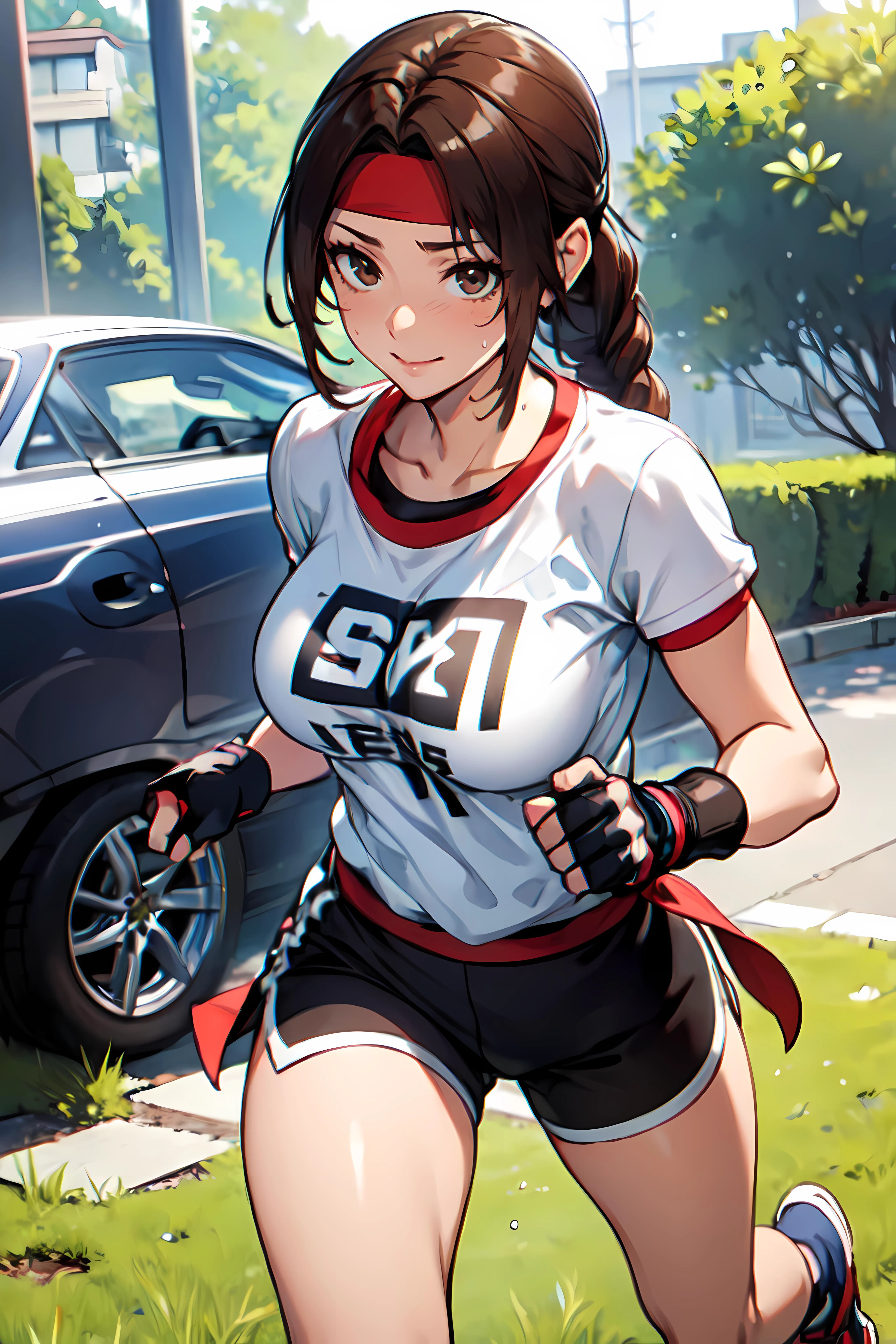 masterpiece,best quality, unreal engine, ultra res, extremely detailed,
1girl, big breasts, waist , (muscular:0.9) ,slender,
<lora:Yuri:0.5>YURIMS,
headband
braided ponytail, long hair,brown hair, brown eyes,
GLOVES, FINGERLESS GLOVES,
t-shirt,short sleeve, short shorts, shoes,
<lora:Style_hews_style:0.5>hews style <lora:Style_cutesexyrobutts_v2:0.>CSR STYLE
<lora:Style_puuzaki-puuna-lora-v1:0.><lora:Style_anmnr01AOM3A1:0.2>
<lora:Concept_Round_Breasts_V7:0.>round breasts,medium breasts,
(park,:1.2) running, smile, sweat