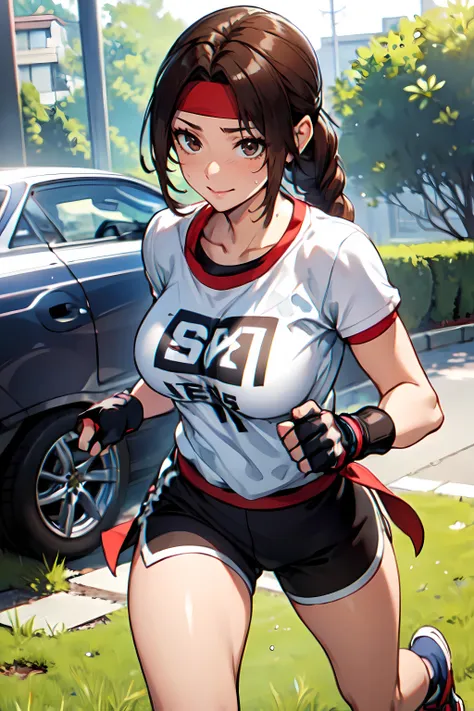 masterpiece,best quality, unreal engine, ultra res, extremely detailed,
1girl, big breasts,  waist , (muscular:0.9) ,slender,
<lora:Yuri:0.5>YURIMS,
headband
braided ponytail, long hair,brown hair, brown eyes,
GLOVES, FINGERLESS GLOVES, 
t-shirt,short sleeve, short shorts, shoes,
<lora:Style_hews_style:0.5>hews style <lora:Style_cutesexyrobutts_v2:0.>CSR STYLE
<lora:Style_puuzaki-puuna-lora-v1:0.><lora:Style_anmnr01AOM3A1:0.2>
<lora:Concept_Round_Breasts_V7:0.>round breasts,medium breasts, 
(park,:1.2) running, smile, sweat