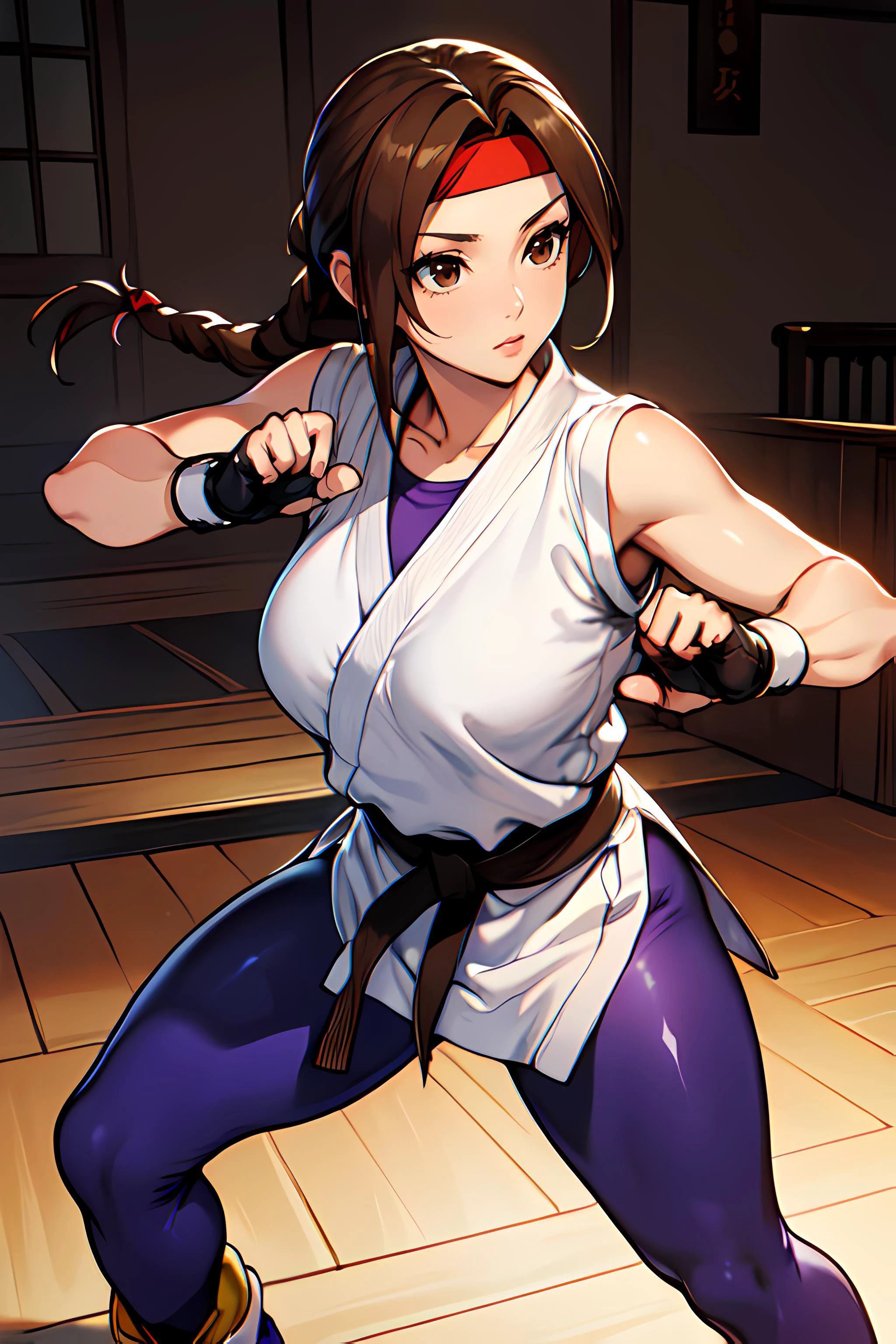 masterpiece,best quality, unreal engine, ultra res, extremely detailed,
1girl, big breasts, waist , (muscular:0.9) ,slender,
<lora:Character_YuriMS:0.5>YURIMS,
headband
braided ponytail, long hair,brown hair, brown eyes,
GLOVES, FINGERLESS GLOVES,
(dougi,spandex,leggins:1.1)
shoes,
<lora:Style_hews_style:0.5>hews style <lora:Style_cutesexyrobutts_v2:0.>CSR STYLE
<lora:Style_puuzaki-puuna-lora-v1:0.><lora:Style_anmnr01AOM3A1:0.2>
<lora:Concept_Round_Breasts_V7:0.>round breasts,medium breasts,
dojo, karate pose,