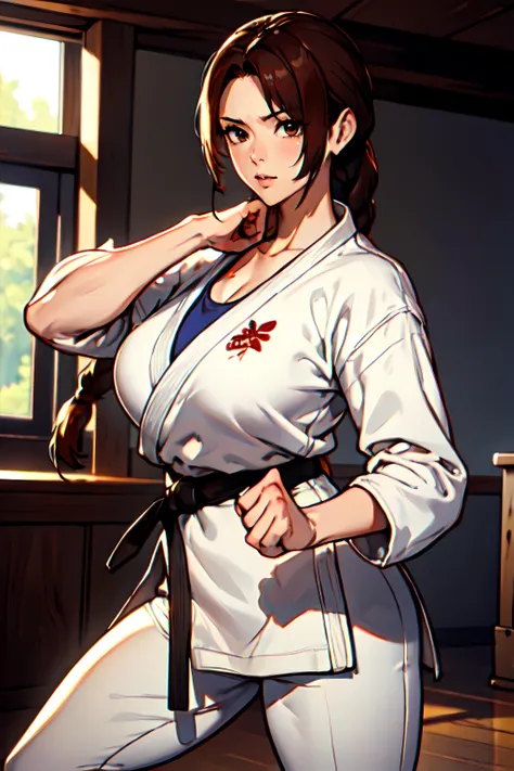 masterpiece,best quality, unreal engine, ultra res, extremely detailed,
1girl, (large  breasts:1.2),  waist , (muscular:1.1) ,slender,
<lora:Character_YuriMS:0.6>YURIMS,yuri sakazaki,
braided ponytail, long hair,brown hair, brown eyes,
<lora:Cloth_karate_gi_v1:0.7>karate gi,long sleeves, white pants
fighting stance, watching at viewer, (punch:1.3),
<lora:Style_hews_style:0.5>hews style <lora:Style_cutesexyrobutts_v2:0.2>CSR STYLE
<lora:Style_puuzaki-puuna-lora-v1:0.><lora:Style_anmnr01AOM3A1:0.2>
<lora:Concept_Round_Breasts_V7:0.4>round breasts,large breasts,