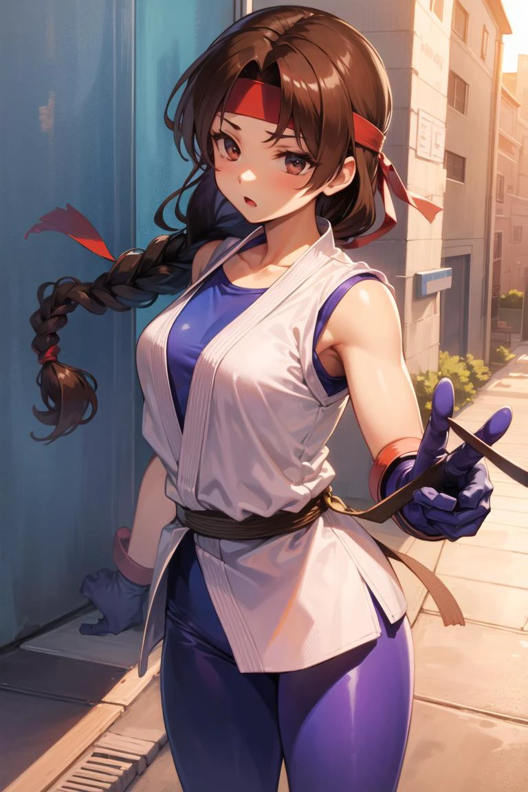 (masterpiece, best quality, high resolution, unity 8k wallpaper, extremely detailed CG:1), (illustration:1.0), 1girl,solo, yurims, headband, dougi, spandex, gloves, <lora:YuriMS:1>