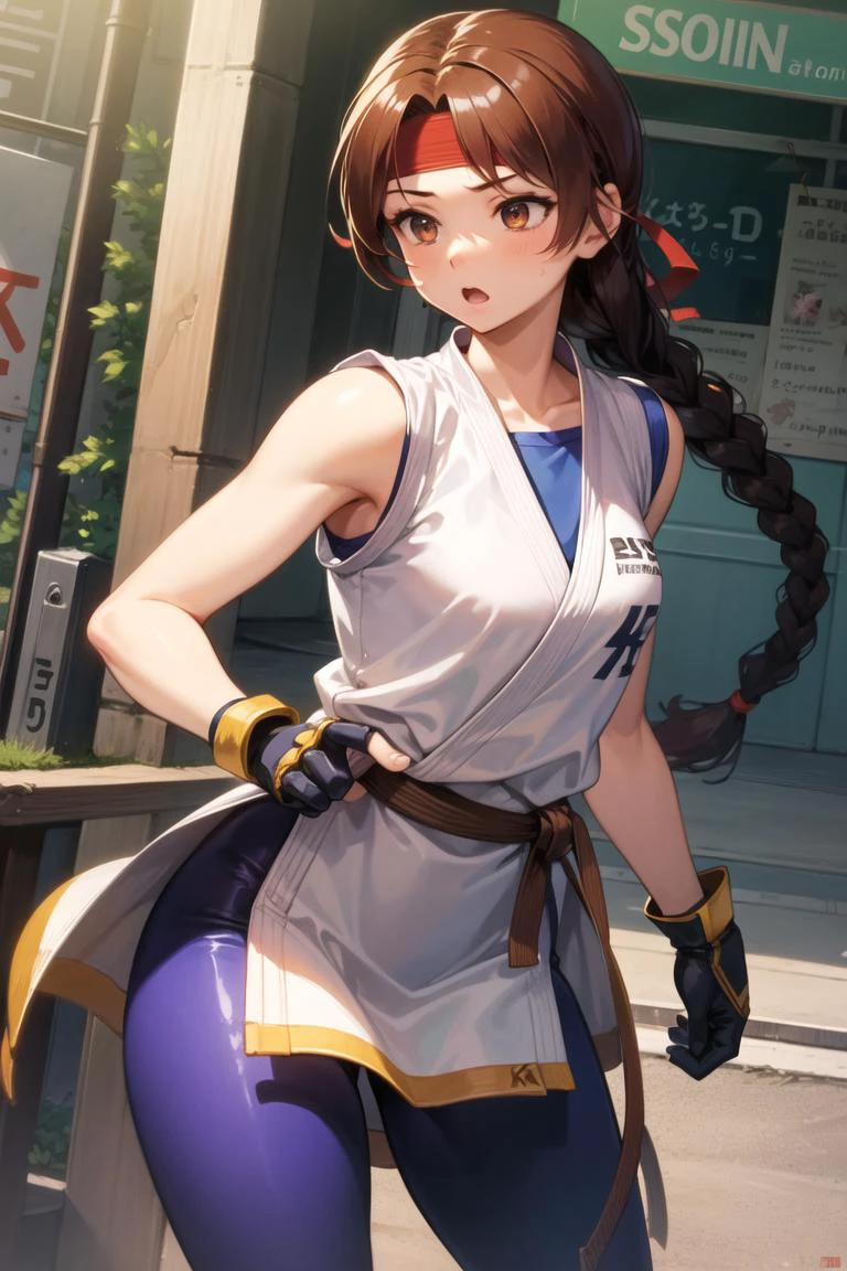 (masterpiece, best quality, high resolution, unity 8k wallpaper, extremely detailed CG:1), (illustration:1.0), 1girl,solo, yurims, headband, dougi, spandex, gloves, <lora:YuriMS:1>