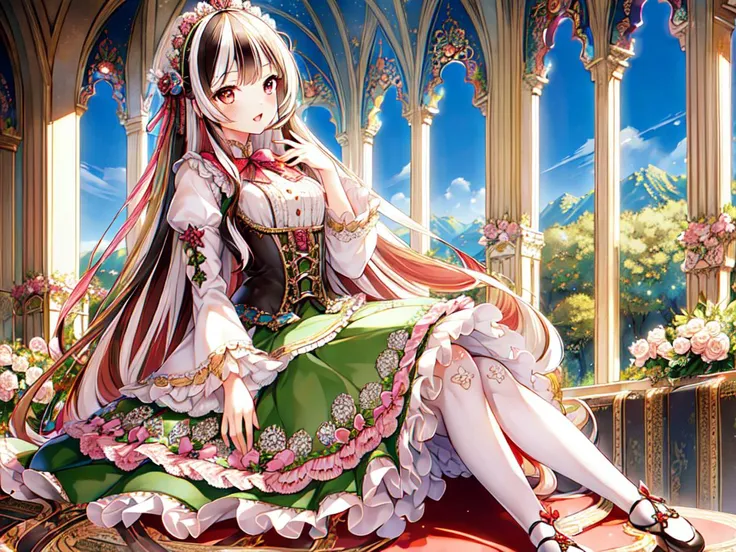 ((masterpiece)),((best quality)),(ultra-detailed),(illustration),((an extremely delicate and beautiful)),(dynamic angle),
1girl, flowers, spring, beside window, rose, very long hair, detailed face, long eyelashes, flower in eye, frilled sleeves, corset, tiara, princess,
blace eyes wide-eyed, cute, young girl, clear sky, daylight, sunny, ai is sb, ai is sb, ( multicolored dress:1.4), rose, black hair, patterned clothing, (lo classical:1.24), pink patterned thighhighs, cute shoes, happy, open mouth,
sitting, wink, veil, feathers,
<lora:lo_fashions_v5:0.64>