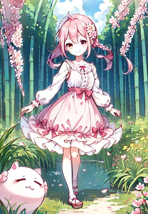 1girl, full body, standing, smile, spring, lo fashion, lo sweet, pink hair, cowboy shot, pink eyes, petals, flower in eye, hair flower, detailed face, kawaii, cute, young, lake,
bamboo forest, clear sky, outdoors, one eye closed, open mouth, <lora:lo_fashions_v2:0.6>, <lora:Moxin_1010:0.3>