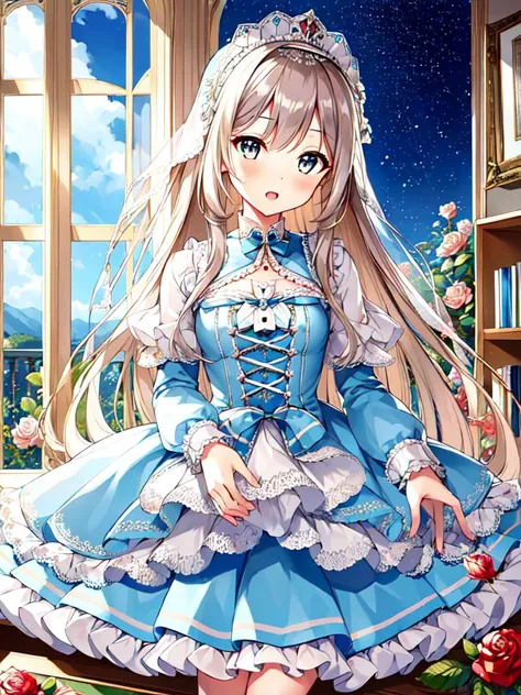 ((masterpiece)),((best quality)),(ultra-detailed),(illustration),((an extremely delicate and beautiful)),(dynamic angle),
1girl, flowers, spring, beside window, rose, very long hair, detailed face, long eyelashes, flower in eye, frilled sleeves, corset, tiara, princess,
blace eyes wide-eyed, cute, young girl, clear sky, daylight, sunny, ai is sb, ai is sb, (saxe light blue dress:1.4), rose, black hair, patterned clothing, (lo classical:1.12), lo sweet:0.8, cute shoes, happy, open mouth, <lora:lo_fashions_v5:0.64>