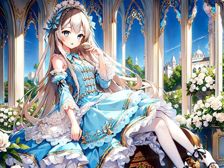 ((masterpiece)),((best quality)),(ultra-detailed),(illustration),((an extremely delicate and beautiful)),(dynamic angle),
1girl, flowers, spring, beside window, rose, very long hair, detailed face, long eyelashes, flower in eye, frilled sleeves, corset, tiara, princess,
blace eyes wide-eyed, cute, young girl, clear sky, daylight, sunny, ai is sb, ai is sb, (saxe light blue dress:1.4), rose, black hair, patterned clothing, (lo classical:1.12), lo sweet:0.8, cute shoes, happy, open mouth,
sitting, wink,
<lora:lo_fashions_v5:0.64>
