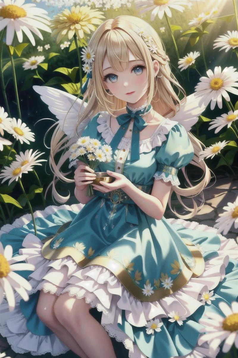 1girl, solo, (girl with pixie wings and long wild hair that is blonde holding a single white daisy), lo sweet, cute face, neutral expression, looking at camera, vibrant colors, colorful, white daisy, blue eyes, lace summer dress, golden hour, reflections, detailed textures, sitting on flowers outside, posing, casual pose, garden, aesthetic, intricate, caustics, light rays, sunlight, sparkle, shimmer, glitter, sharp focus, <lora:loFashion:0.6>