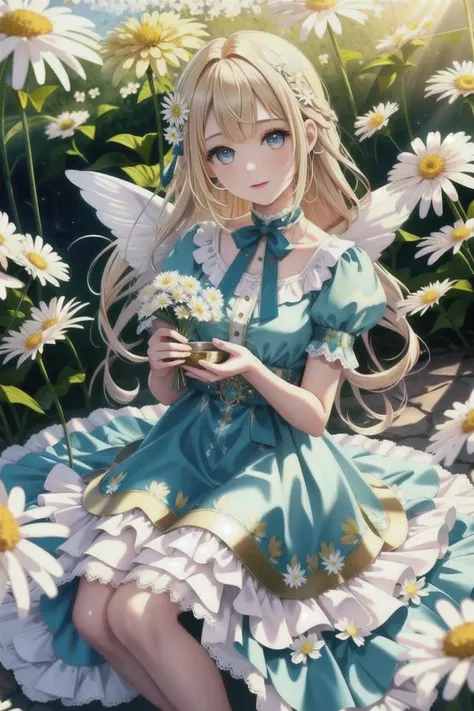 1girl, solo, (girl with pixie wings and long wild hair that is blonde holding a single white daisy), lo sweet, cute face, neutral expression, looking at camera, vibrant colors, colorful, white daisy, blue eyes, lace summer dress, golden hour, reflections, detailed textures, sitting on flowers outside, posing, casual pose, garden, aesthetic, intricate, caustics, light rays, sunlight, sparkle, shimmer, glitter, sharp focus, <lora:loFashion:0.6>
