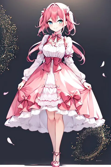 1girl, full body, standing, smile, spring, lo fashion, lo sweet, pink hair, <lora:lo_fashions_v2:0.6>