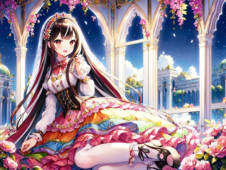 ((masterpiece)),((best quality)),(ultra-detailed),(illustration),((an extremely delicate and beautiful)),(dynamic angle),
1girl, flowers, spring, beside window, rose, very long hair, detailed face, long eyelashes, flower in eye, frilled sleeves, corset, tiara, princess,
blace eyes wide-eyed, cute, young girl, clear sky, daylight, sunny, ai is sb, ai is sb, ( multicolored dress:1.4), rose, black hair, patterned clothing, (lo classical:1.24), pink patterned thighhighs, cute shoes, happy, open mouth,
sitting, wink, veil, feathers,
<lora:lo_fashions_v5:0.64>