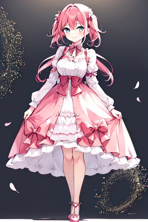 1girl, full body, standing, smile, spring, lo fashion, lo sweet, pink hair, <lora:lo_fashions_v2:0.6>