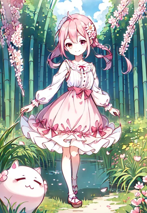 1girl, full body, standing, smile, spring, lo fashion, lo sweet, pink hair, cowboy shot, pink eyes, petals, flower in eye, hair flower, detailed face, kawaii, cute, young, lake,
bamboo forest, clear sky, outdoors, one eye closed, open mouth, <lora:lo_fashions_v2:0.6>, <lora:Moxin_1010:0.3>