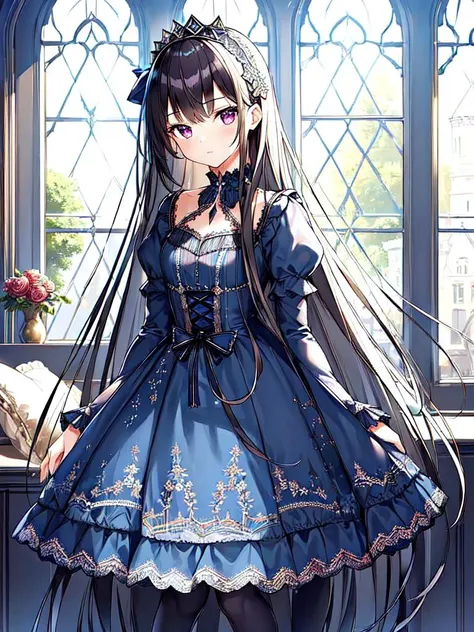 ((masterpiece)),((best quality)),(ultra-detailed),(illustration),((an extremely delicate and beautiful)),(dynamic angle),
1girl, flowers, spring, beside window, rose, very long hair, detailed face, long eyelashes, flower in eye, frilled sleeves, corset, tiara, princess,
purple eyes, wide-eyed, clear sky, daylight, sunny, ai is sb, ai is sb, (dark blue dress:1.4), rose, black hair, patterned clothing, (lo gothic:1.2), platform heels, dark blue thighhighs, <lora:lo_fashions_v5:0.64>
