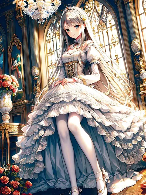 ((masterpiece)),((best quality)),(ultra-detailed),(illustration),((an extremely delicate and beautiful)),(dynamic angle),
1girl, flowers, spring, beside window, rose, very long hair, detailed face, long eyelashes, flower in eye, frilled sleeves, corset, tiara, princess,
brown eyes, clear sky, daylight, sunny, white and light blue dress, flowers, hair ornament, white lace-trimmed legwear, (lo classical:1.4), <lora:lo_fashions_v5:0.64>
bride, classical dress,