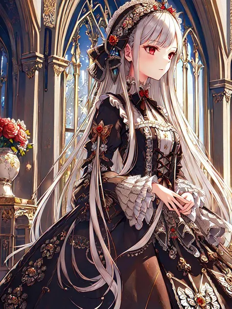 Anime girl in a black dress with long white hair and a flower crown ...