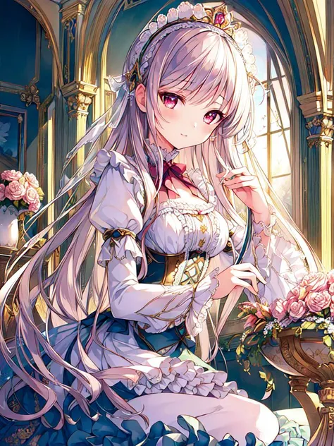 ((masterpiece)),((best quality)),(ultra-detailed),(illustration),((an extremely delicate and beautiful)),(dynamic angle),
1girl, flowers, spring, beside window, rose, very long hair, detailed face, long eyelashes, flower in eye, frilled sleeves, corset, tiara, princess,
pink eyes, (lo sweet:1.4),
<lora:lo_fashions_v5:0.4>