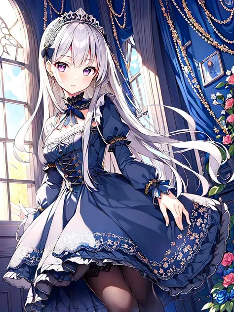((masterpiece)),((best quality)),(ultra-detailed),(illustration),((an extremely delicate and beautiful)),(dynamic angle),
1girl, flowers, spring, beside window, rose, very long hair, detailed face, long eyelashes, flower in eye, frilled sleeves, corset, tiara, princess,
purple eyes, wide-eyed, clear sky, daylight, sunny, ai is sb, ai is sb, (dark blue dress:1.4), rose, black hair, patterned clothing, (lo gothic:1.2), platform heels, dark blue thighhighs, <lora:lo_fashions_v5:0.64>