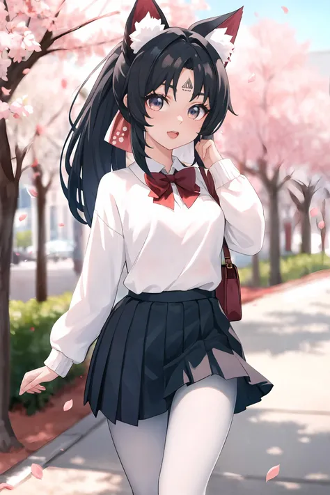 1girl, nekomiya mana, ponytail, forehead mark, hair ribbon, solo, school uniform, white shirt, sweater, pleated skirt, pantyhose, smile, open mouth, looking at viewer, outdoors, street, cherry blossoms, petals, depth of field