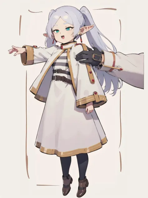 (masterpiece, best quality:1.3), full body:1.5, chibi, <lora:LongcatMemeSolo:1>,  <lora:frieren_v1:1>, faafrie, long hair, white hair, twintails, pointy ears, earrings, thick eyebrows, white capelet, striped shirt, long sleeves, belt, white skirt, black pantyhose <lora:flat2:0.8>,  <lora:Smug:1> smug, open mouth, grin,