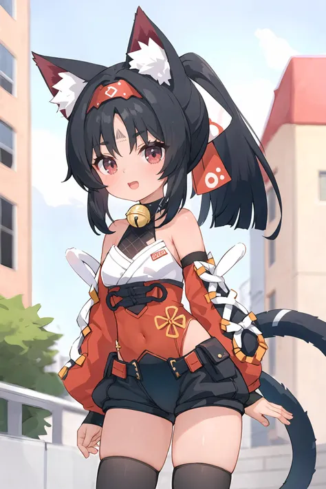 1girl, nekomiya mana, solo, neck bell, hairband, two tails, detached sleeves, black thighhighs, ponytail, red leotard, leotard under clothes, black shorts, hair ribbon, forehead mark, looking at viewer, smiling, open mouth, street, outdoors, depth of field, standing, cowboy shot