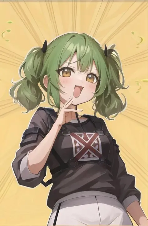 masterpiece, best quality, 1girl, medium hair, neon green hair, messy hair, twintails, medium breasts, orange eyes, detailed eyes, bloom, <lora:hair_intakes:-1>  (casual clothing), high detail, high resolution, fine details, maximalism, detailed background, (:3:1.3) <lora:Smug:1> smug, open mouth  <lora:OjouSamaPose:1> ojou-sama pose