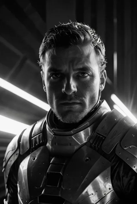 black and white, male portrait, armour, looking at camera
reflections, realistic lighting, light rays, beams of light, realistic, high quality photo, 4k, 7-dune
<lora:Dune Style v1.0:0.8> <lora:add-detail-xl:0.6> <lora:xl_more_art-full_v1:0.4>
