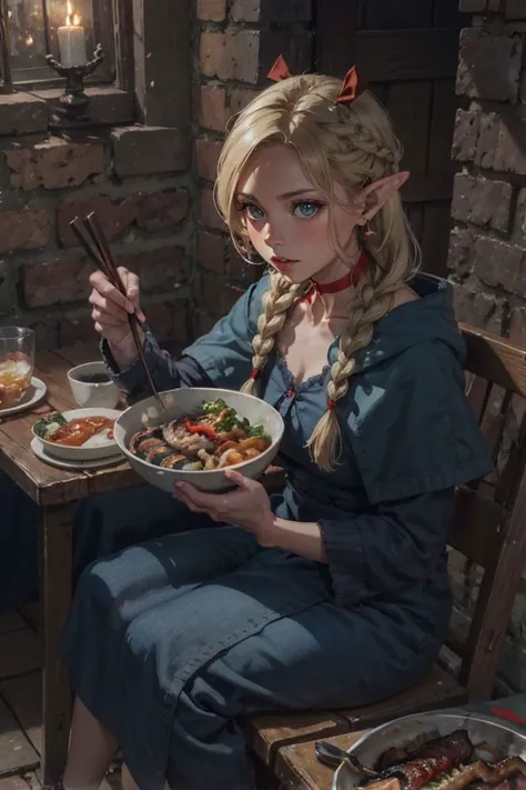 <lora:Marcille Dungeon Meshi:0.65> dmarci, 1girl, elven ear, earring, blond braid, blue shawl, dark blue dress, traveler, red choker, red ribbon, sandals,
eating Unagi don eel on rice with chopstick,
(kitchen, cooking, knead pizza bread, Steaming iron wok, lamb and fish, vegetable:0.4),
dining hall, dungeon cathedral castle tower, sharp focus, vibrant color, oil painting, (beautiful +detailed+intricate+wonderful scenery:1.2),
(masterpiece, best quality, high_resolution:1.4), (ultra_details:1.0), cinematic lighting, fire light glow, perspective, composition, (depth of field, bokeh:1.2),
<lora:Anime Realism Control:0.5>, (fcDetailPortrait:0.6), <lora:Mild detail adjusterV10_4:0.6>