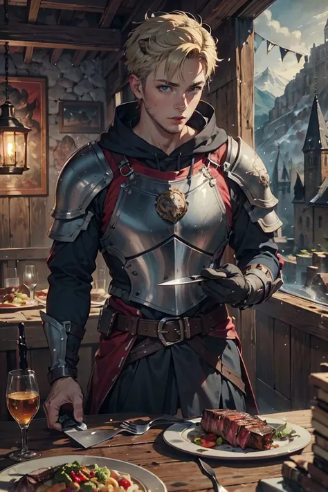 1man, 25yo, (short blond hair:1.4), (neat-combed Spiky-Hair:1.1), fade cut, tanned skin, square jaw, light brown eyes,   simple rugged clothing, shoulder steel plate armor,  gorget, plate armor, (grey-wolf-head Cloak, lion medal:1.3), <lora:MaleFantasyAttire_wrench:0.6:MIDD> (wrenchftmfshn, male Plain clothing, mature, stubble, muscular male, adventurous, energetic:0.8 ),
eating huge dragon Steak with knife and fork, talking seriously,
(kitchen, cooking, knead pizza bread, Steaming iron wok, lamb and fish, vegetable:0.4),  
dining hall, dungeon cathedral castle tower, sharp focus,  vibrant color, oil painting,  (beautiful +detailed+intricate+wonderful scenery:1.2), 
(masterpiece, best quality, high_resolution:1.4), (ultra_details:1.0), cinematic lighting,  fire light glow, perspective, composition, (depth of field, bokeh:1.2),
<lora:Anime Realism Control:0.35>,  (fcDetailPortrait:0.6),  <lora:Mild detail adjusterV10_4:0.6>