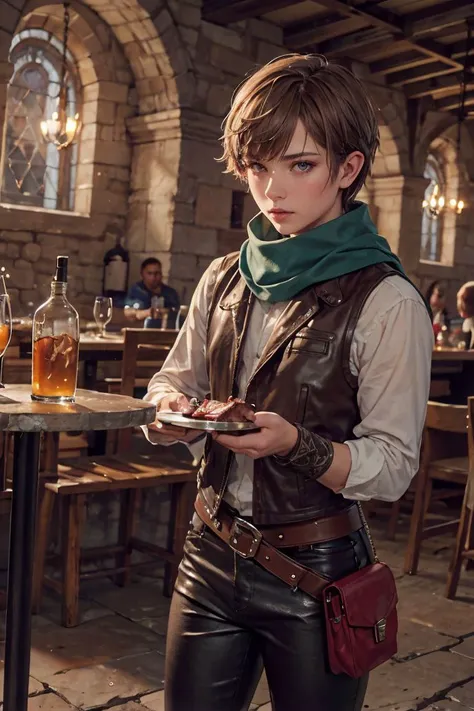 1man, dark Brown hair, brown eyes, halfling locksmith rogue, green scarf, padded leather vest, belt with tool bag, big ear, short, leather fingerless gloves, white shirt, black pants,<lora:MaleFantasyAttire_wrench:0.6:MIDD> (wrenchftmfshn, male Plain clothing),
eating steak with knife and fork,
dining hall, dungeon cathedral castle tower, sharp focus,  vibrant color, oil painting,  (beautiful +detailed+intricate+wonderful scenery:1.2), 
(masterpiece, best quality, high_resolution:1.4), (ultra_details:1.0), cinematic lighting,  fire light glow, (depth of field, bokeh:1.2),
<lora:Anime Realism Control:0.2>,  (fcDetailPortrait:0.6),  <lora:Mild detail adjusterV10_4:0.6>