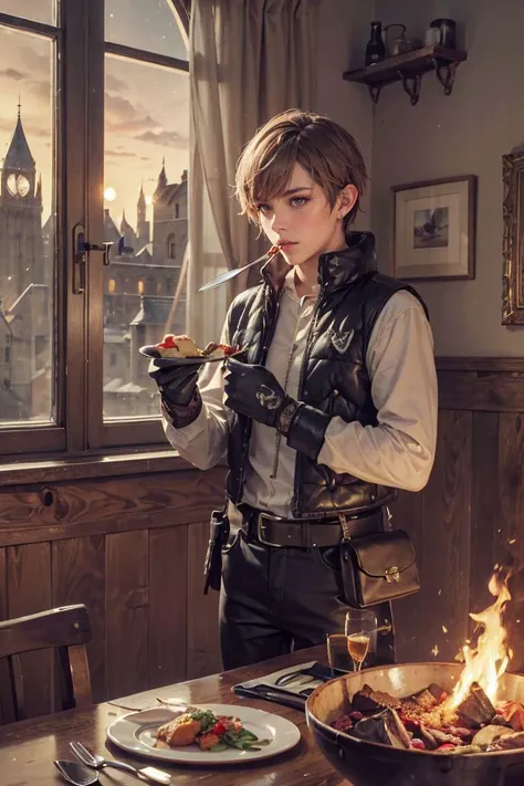 1boy, Chuck, dark Brown hair, brown eyes, halfling locksmith rogue, green scarf, padded leather vest, belt with tool bag, (big ears:1.4), short, leather fingerless gloves, white shirt, black pants,<lora:MaleFantasyAttire_wrench:0.4:MIDD> (wrenchftmfshn, boy Plain clothing),, 
eating huge dragon Steak with knife and fork, talking seriously,,
dining hall, dungeon cathedral castle tower, sharp focus,  vibrant color, oil painting,  (beautiful +detailed+intricate+wonderful scenery:1.2), 
(masterpiece, best quality, high_resolution:1.4), (ultra_details:1.0), cinematic lighting,  fire light glow, perspective, composition, (depth of field, bokeh:1.2),
<lora:Anime Realism Control:0.2>,  (fcDetailPortrait:0.6),  <lora:Mild detail adjusterV10_4:0.6>