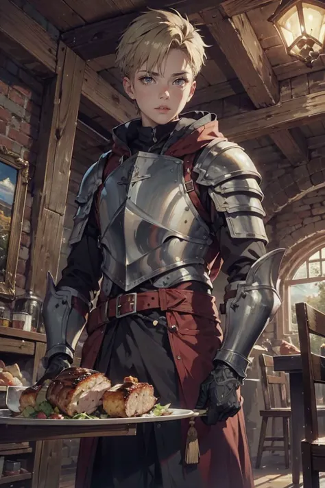 1man, 25yo, (short blond hair:1.4), (neat-combed Spiky-Hair:1.1), fade cut, tanned skin, square jaw, light brown eyes, simple rugged clothing, shoulder steel plate armor, gorget, plate armor, (grey Cloak, lion medal:1.1), <lora:MaleFantasyAttire_wrench:0.6:MIDD> (wrenchftmfshn, male Plain clothing, mature, stubble, muscular male, adventurous, energetic:0.8 ), sword with wing pommel,
eating fried pork Steak with fork, cabbage salad, talking seriously,
(kitchen, cooking, knead pizza bread, Steaming iron wok, lamb and fish, vegetable:0.4),
dining hall, dungeon cathedral castle tower, sharp focus, vibrant color, oil painting, (beautiful +detailed+intricate+wonderful scenery:1.2),
(masterpiece, best quality, high_resolution:1.4), (ultra_details:1.0), cinematic lighting, fire light glow, perspective, composition, (depth of field, bokeh:1.2),
<lora:Anime Realism Control:0.35>, (fcDetailPortrait:0.6), <lora:Mild detail adjusterV10_4:0.6>