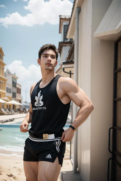 <lora:kevinhejnas_18000:1>, kevinhejnas person, sunburn, a young guy, oversize tank top, (drop low-cut armhole), big bare shoulders, laying the sand, muscular guy, facial hair, beard, sharp focus, 1boy, extra wide-range, full body, big biceps, flexing biceps pose, <lora:lora_SoakingWetClothes2_19200_lora-SD15NewVAEpruned:0.4>, SoakingWetClothes, detailed eyes, (masterpiece, best quality:1.5)