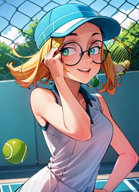 ((best quality)), ((highly detailed)), masterpiece, , (1girl), (glasses), upper body, nerd, <lora:LoraRoundGlassesV1:.6>, round glasses, thick rimmed glasses, smile, (outdoors, at a tennis court, <lora:tennis_dress-1.0:.8>, (tennis dress), visor cap, sportswear, tennis ball, noon, sunny), <lora:tobias_wheler:.7>