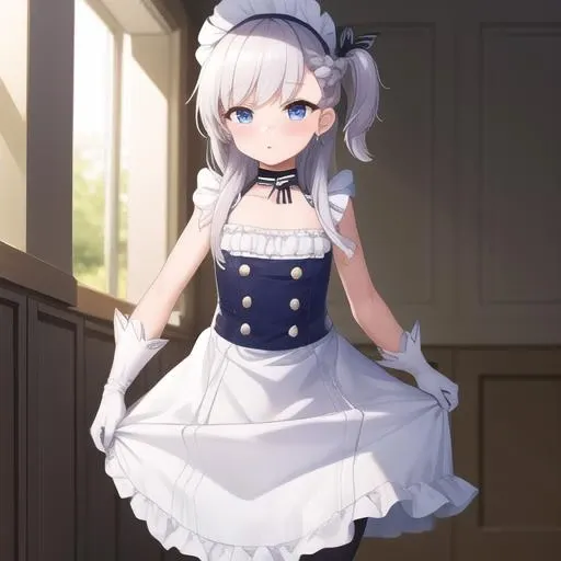 (masterpiece, best quality:1.2),illustration,8k,hd,1girl,solo,cowboy shot,maid headdress,braid,white gloves,aged down,white hair,white pantyhose,maid,one side up,white apron,blue dress,ribbon,shoes,blue eyes,elbow gloves,sleeveless dress,purple eyes,frilled apron,blush,frills,bangs,blue ribbon,long hair,<lora:Little Belfast(azur)>,