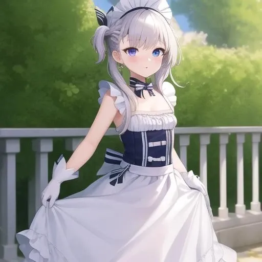 (masterpiece, best quality:1.2),illustration,8k,hd,1girl,solo,cowboy shot,maid headdress,braid,white gloves,aged down,white hair,white pantyhose,maid,one side up,white apron,blue dress,ribbon,shoes,blue eyes,elbow gloves,sleeveless dress,purple eyes,frilled apron,blush,frills,bangs,blue ribbon,long hair,<lora:Little Belfast(azur)>,
