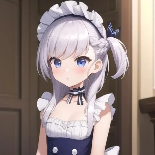 (masterpiece, best quality:1.2),illustration,8k,hd,1girl,solo,upper body,(portrait:1.2),maid headdress,braid,white gloves,aged down,white hair,white pantyhose,maid,one side up,white apron,blue dress,ribbon,shoes,blue eyes,elbow gloves,sleeveless dress,purple eyes,frilled apron,blush,frills,bangs,blue ribbon,long hair,<lora:Little Belfast(azur)>,