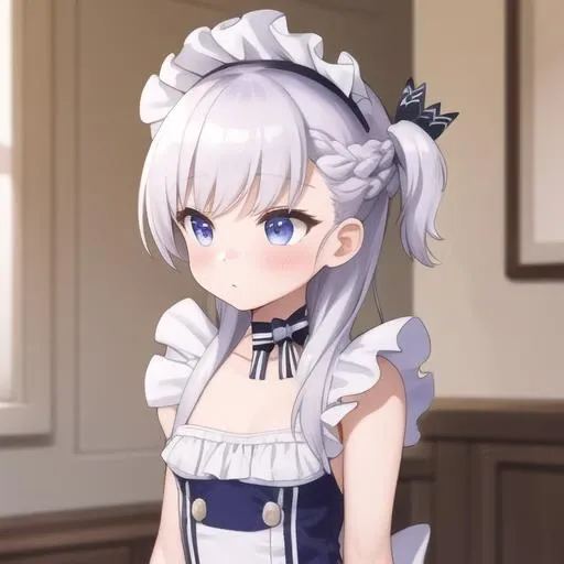 (masterpiece, best quality:1.2),illustration,8k,hd,1girl,solo,upper body,(portrait:1.2),maid headdress,braid,white gloves,aged down,white hair,white pantyhose,maid,one side up,white apron,blue dress,ribbon,shoes,blue eyes,elbow gloves,sleeveless dress,purple eyes,frilled apron,blush,frills,bangs,blue ribbon,long hair,<lora:Little Belfast(azur)>,