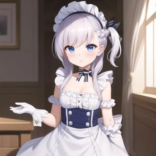(masterpiece, best quality:1.2),illustration,8k,hd,1girl,solo,cowboy shot,maid headdress,braid,white gloves,aged down,white hair,white pantyhose,maid,one side up,white apron,blue dress,ribbon,shoes,blue eyes,elbow gloves,sleeveless dress,purple eyes,frilled apron,blush,frills,bangs,blue ribbon,long hair,<lora:Little Belfast(azur)>,