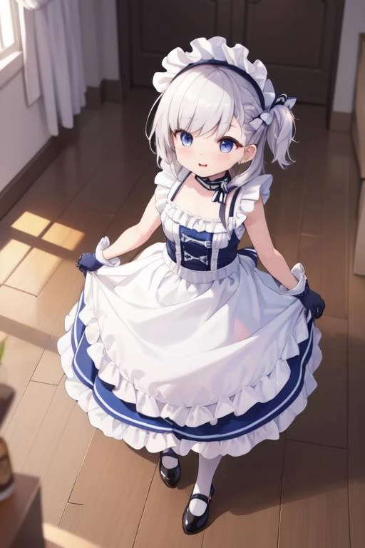 Little Bel  \(azur lane\), Maid ,  sitting on the couch .  in this, reflection, view between the legs, mirror.