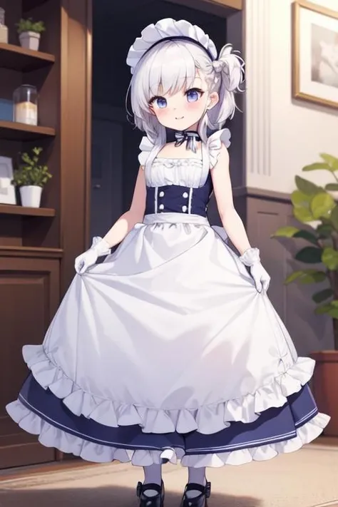 happy, full body, (masterpiece, best quality:1.2),illustration,8k,hd,1girl,solo,cowboy shot,maid headdress,braid,white gloves,aged down,white hair,white pantyhose,maid,one side up,white apron,blue dress,ribbon,shoes,blue eyes,elbow gloves,sleeveless dress,purple eyes,frilled apron,blush,frills,bangs,blue ribbon,long hair,<lora:Little Belfast(azur)>,