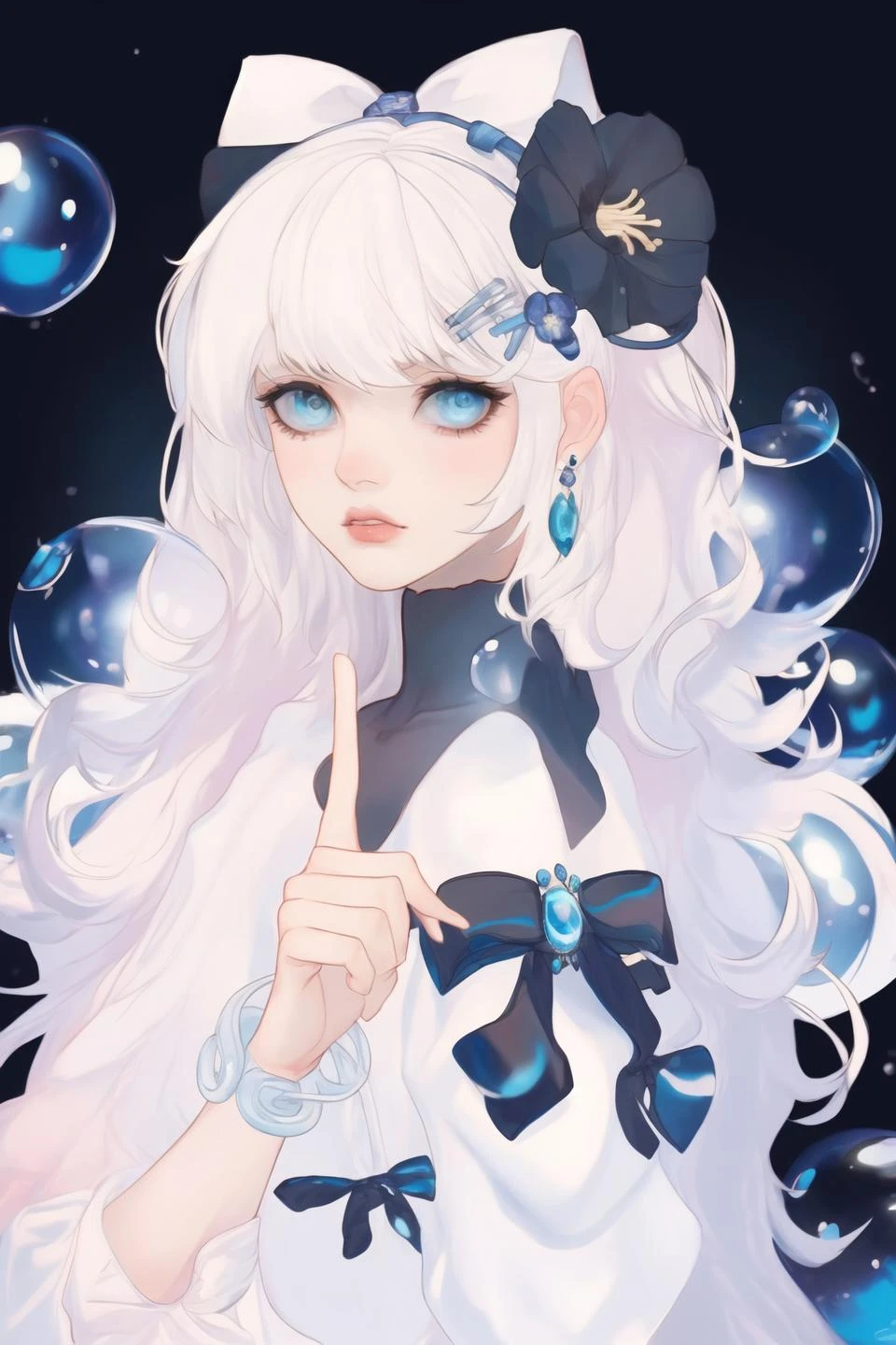 1girl, white hair, blue eye, black bow, bow, bubble, depth of field, earrings, flower, hair flower, hair ornament, index finger raised, jewelry, long hair, looking at viewer, solo, water drop <lora:SKStyle_delicate_Hard:1>