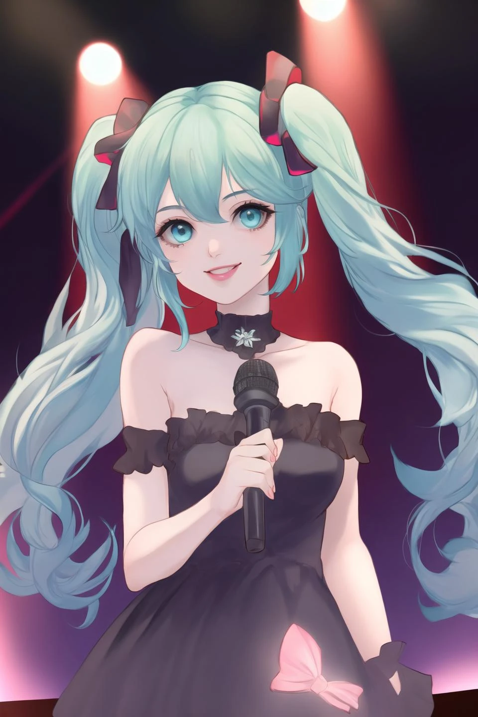 1girl, miku, aqua twin tails, blue eye, bare shoulders, long black dress, cool smile, in concert, spot light
<lora:SKStyle_delicate_Hard:1>